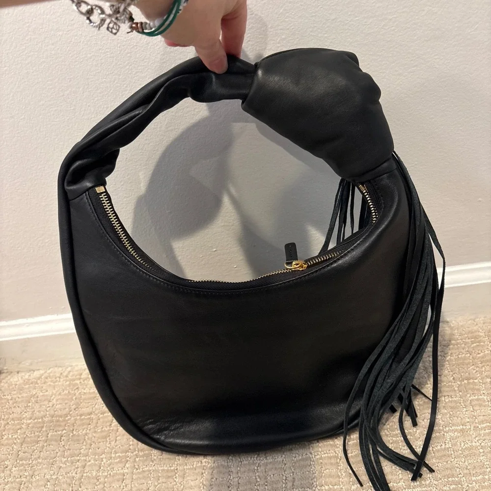 REIKE NEN‎ Women's Black Leather Tasseled Knot Detail Handle Strap Handbag Purse